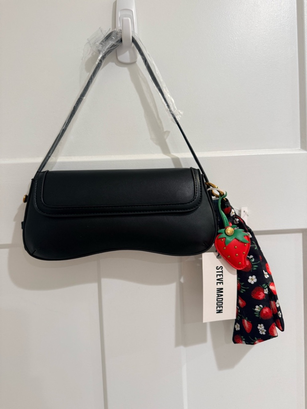 Steve Madden Black Shoulder Bag with Strawberry Charm and Floral Scarf - Picture 2 of 6